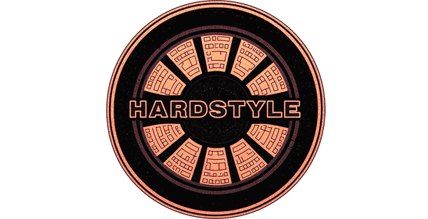 Hardstyle techno music logo in orange circular design.